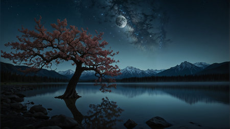 night landscape with a lake and a tree in front of the moonの素材