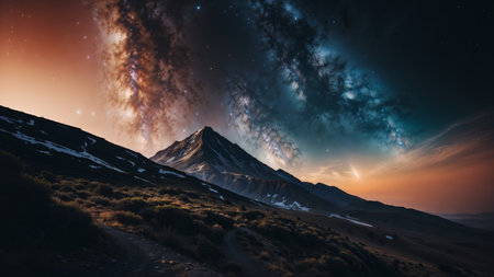 Mountain landscape with starry sky and milky way at sunsetの素材