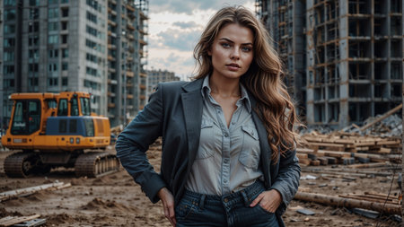 Portrait of a beautiful girl in a suit on the background of a construction site.の素材