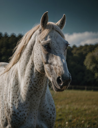 Portrait of a beautiful white horse with long mane in the fieldの素材