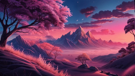 Fantasy landscape with a tree and mountains. Digital art illustration.の素材