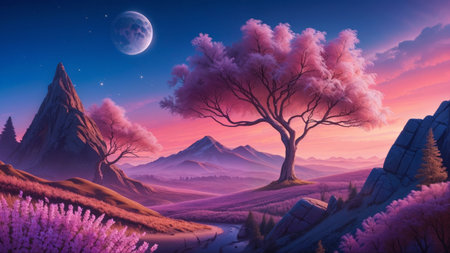 Fantasy landscape with lonely tree and mountains at sunset. 3d illustrationの素材