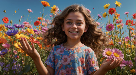 Girl with long curly hair in a field of daisies.の素材