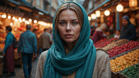 Portrait of a young woman in a turban on the street market.の素材