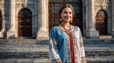 Beautiful young woman in traditional clothes posing in front of the historical buildingの素材