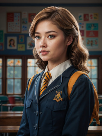 Portrait of a beautiful young woman in a school uniform standing in a classroomの素材