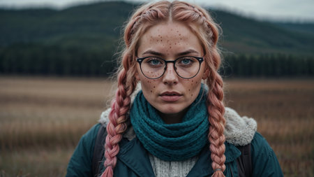 Portrait of a young woman with braids in the field.の素材