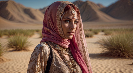 Portrait of beautiful young muslim woman in the middle of the desertの素材