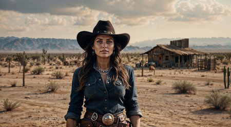 Beautiful brunette cowgirl posing in the desert of Nevada.の素材
