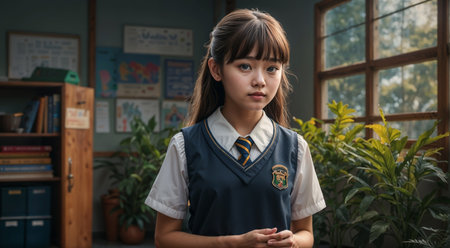 Portrait of Asian female elementary school student in uniform looking at camera.の素材