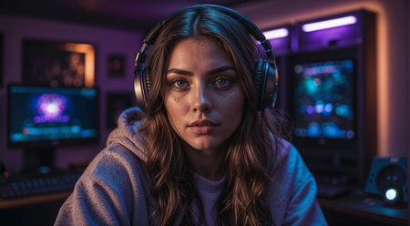 Portrait of young woman in headphones playing video games in dark roomの素材