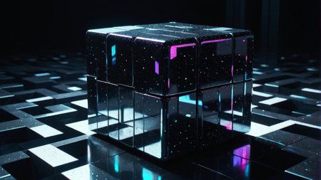 3d illustration of a cube with neon lights on a dark backgroundの素材