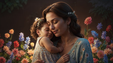 Mother and daughter in the garden with flowers. Mother's day concept.の素材