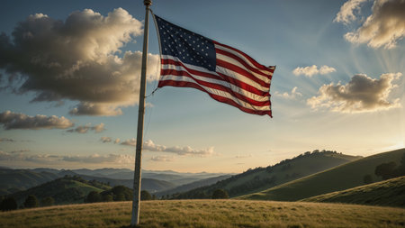 American flag waving in the wind on a hillside in the countrysideの素材