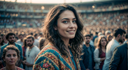 Portrait of a beautiful young woman with long wavy hair standing in the stadium, in the background of a crowdの素材