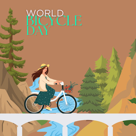 Wanderlust poster with girl riding bicycle and forest vector illustration graphic designの写真素材
