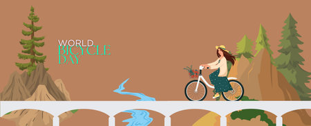 Woman riding bicycle in the park. Vector illustration in flat style.の写真素材