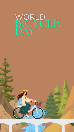illustration of a poster with a girl riding a bicycle in the forest. World Bicycle Dayの写真素材