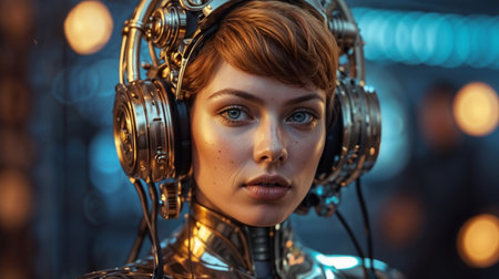 Close-up portrait of a female astronaut in headphones. Portrait of a futuristic woman.の素材