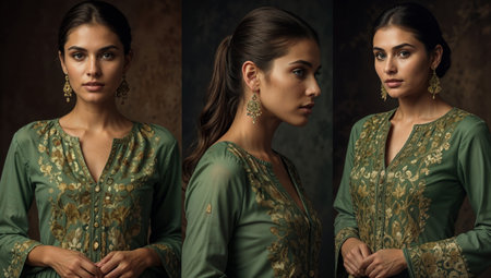 Portrait of a beautiful brunette woman in green dress. Studio shot.の素材
