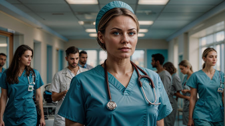 Portrait of serious nurse looking at camera while standing in hospital corridorの素材