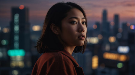 Portrait of a young Asian woman standing in the city at nightの素材
