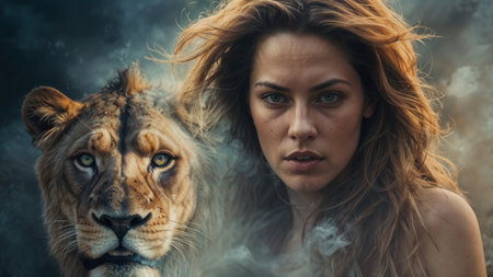 Portrait of a beautiful young woman with a lion in the smokeの素材