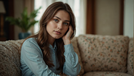 Portrait of thoughtful young woman sitting on couch in living room at homeの素材