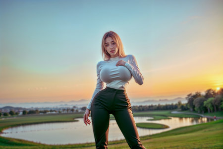 Beautiful young woman posing on the golf course in the evening.の素材