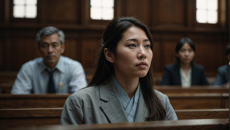 Asian woman sitting in a church and looking at the camera with a serious faceの素材