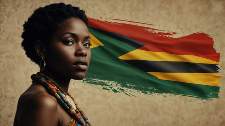 young beautiful black woman with an afro hairstyle wearing traditional clothing on vintage backgroundの素材