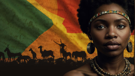 beautiful African American woman with an American Indian costume on the flag background. African liberation dayの素材
