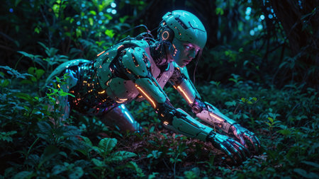 Cyborg in the forest with neon light. 3d rendering.の素材