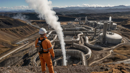 A worker in an orange overalls and a white helmet is looking at the geothermal power plant.の素材