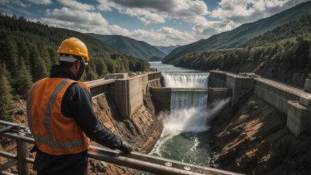 A worker standing on the edge of a dam and looking at the waterの素材