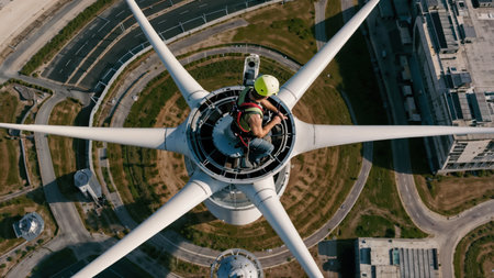 Aerial view of a young man with helmet and goggles riding a drone.の素材