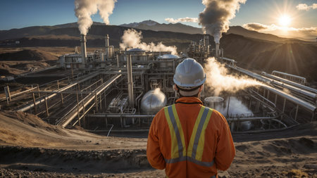 Industrial worker standing in front of a power plant with smoke coming out of pipesの素材