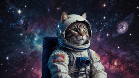 Astronaut cat in spacesuit against space background. Mixed mediaの素材
