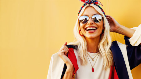 Stylish blonde girl in sunglasses and a headscarf on a yellow backgroundの素材