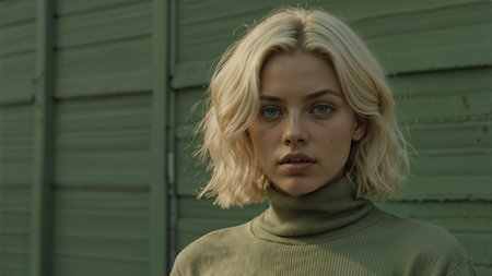 Portrait of a beautiful young woman with blond hair in a green sweaterの素材