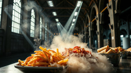Famous French fries with smoke in the interior of the old church.の素材