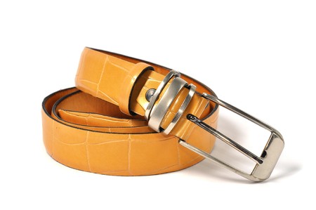 Close up leather belt on white background の写真素材