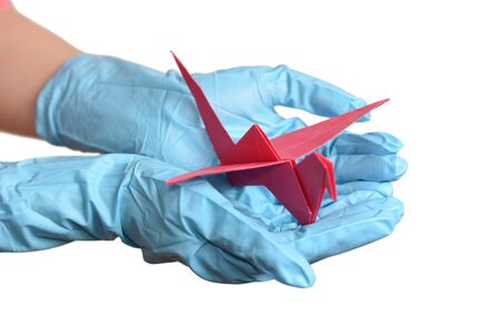 Origami paper crane in hand with rubber gloves over whiteの写真素材