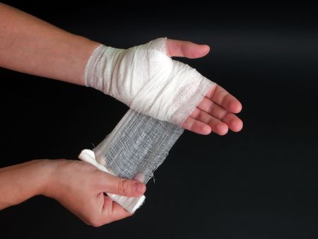 White medicine bandage on human injury handの写真素材