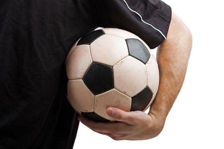 Black white football or soccer sport ball in handの写真素材