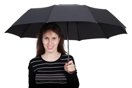Women hand holding rain wet weather black umbrellaの写真素材