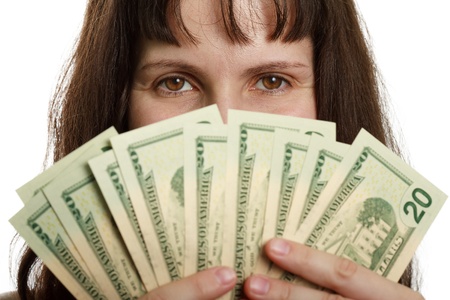 Finance businesswomen hand holding dollar currencyの写真素材