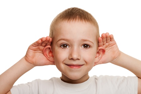 Smiling human child hand listening deaf ear gossip