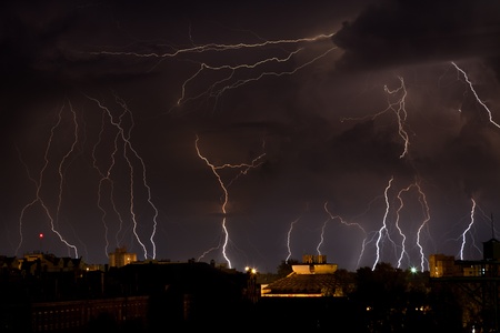 Storm weather nature lightning at rain cloud skyの写真素材