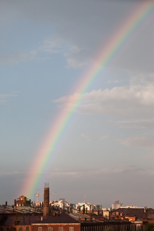 Multi color spectrum nature rainbow on rain cloud skyの写真素材